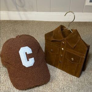 Brown White Letter Teddy Cap with Jacket Purse Set